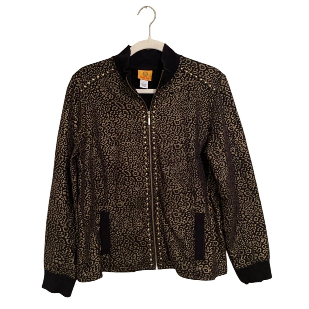 Ruby Rd. Women’s Black Gold Cheetah Print Zip Up Jacket Size Large
